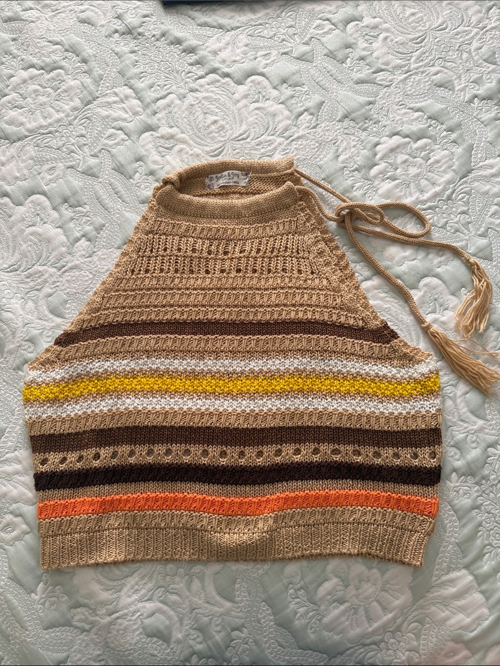 Boho chic Beige Striped Crochet Halter Top